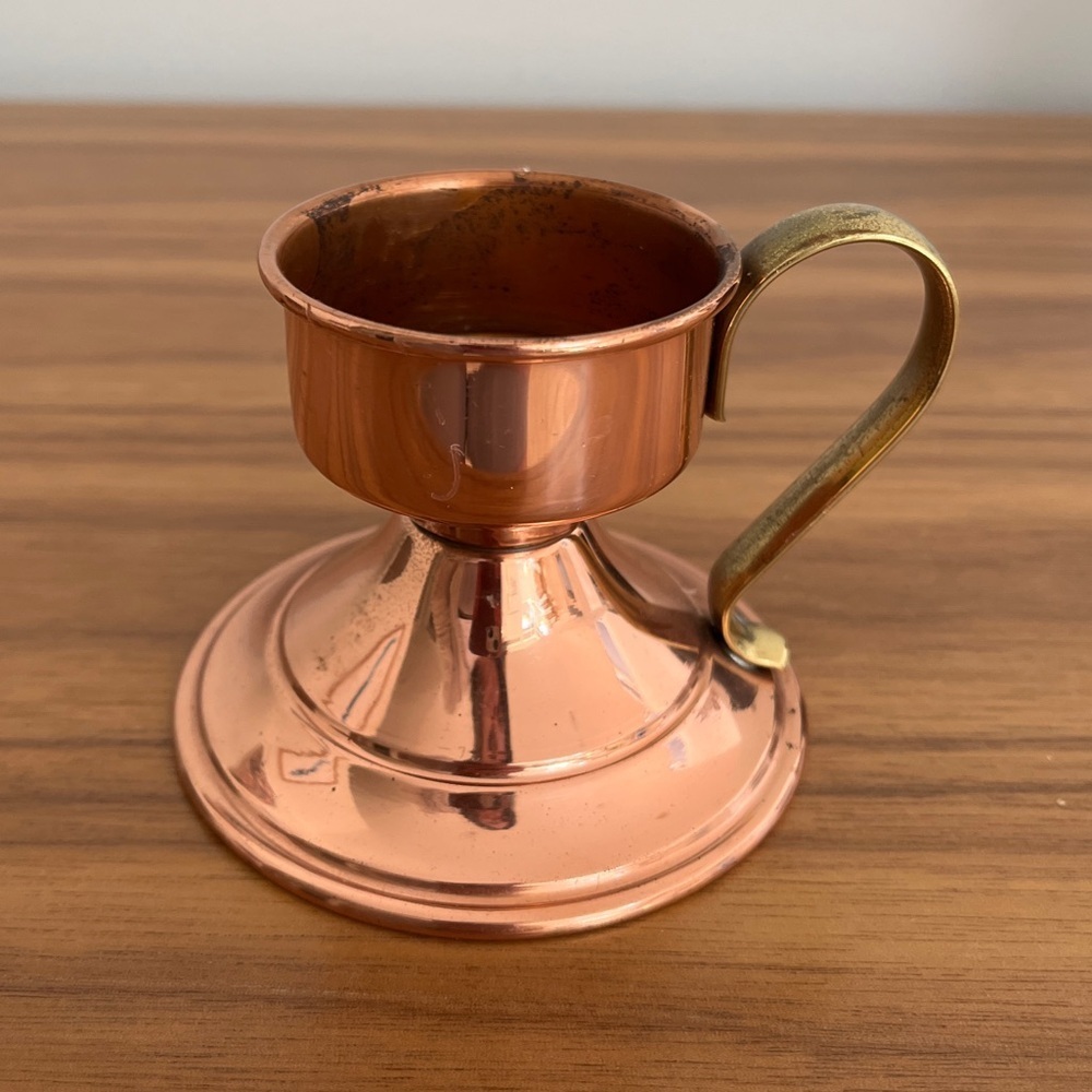 VINTAGE Copper Candle Holder Brass Handle Mid Century Shabby Chic Minimalist